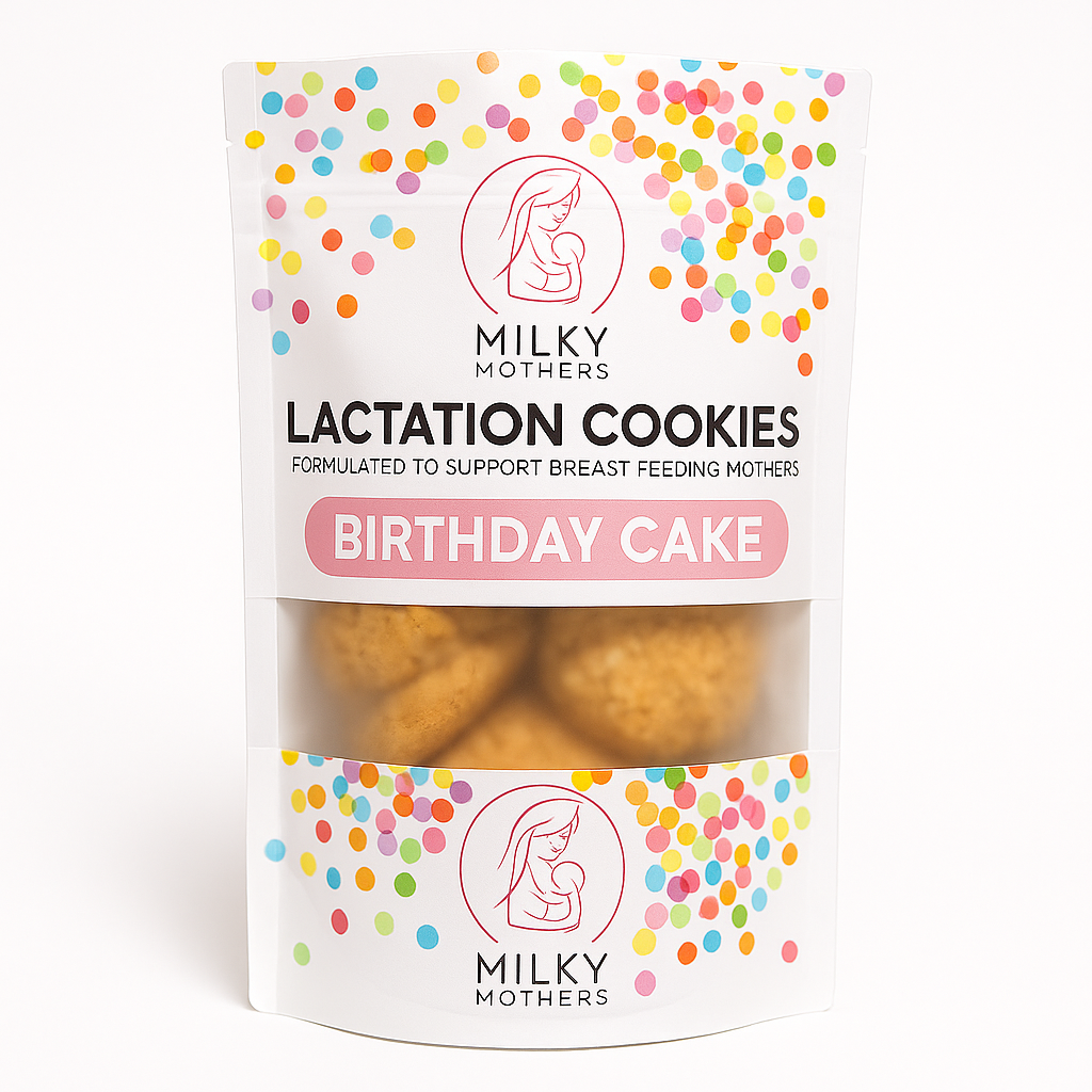 Packaging of Milky Mothers lactation cookies with 'Birthday Cake' flavor on a white background