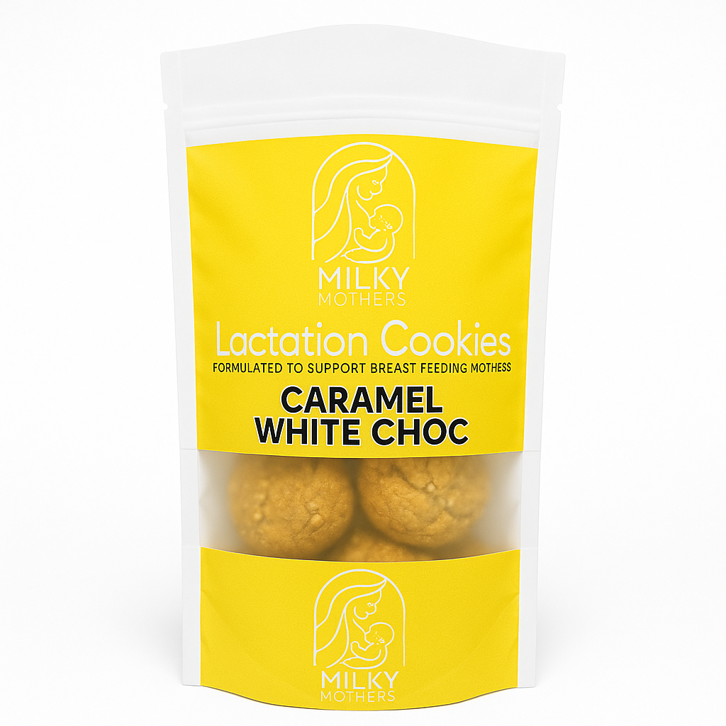 Pack of Milky Mothers Lactation Cookies with caramel white choc flavor on a yellow label.