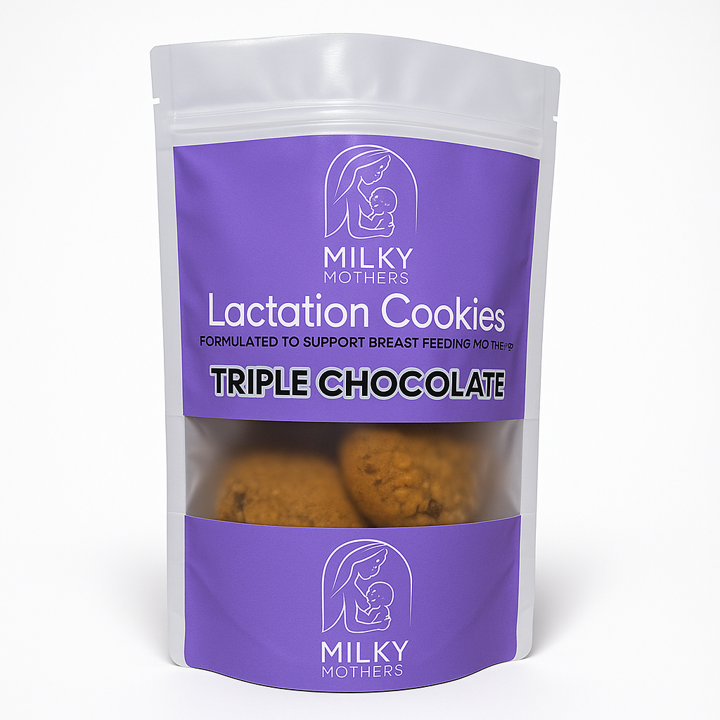 Packaged milky mothers lactation cookies with purple label on a white background